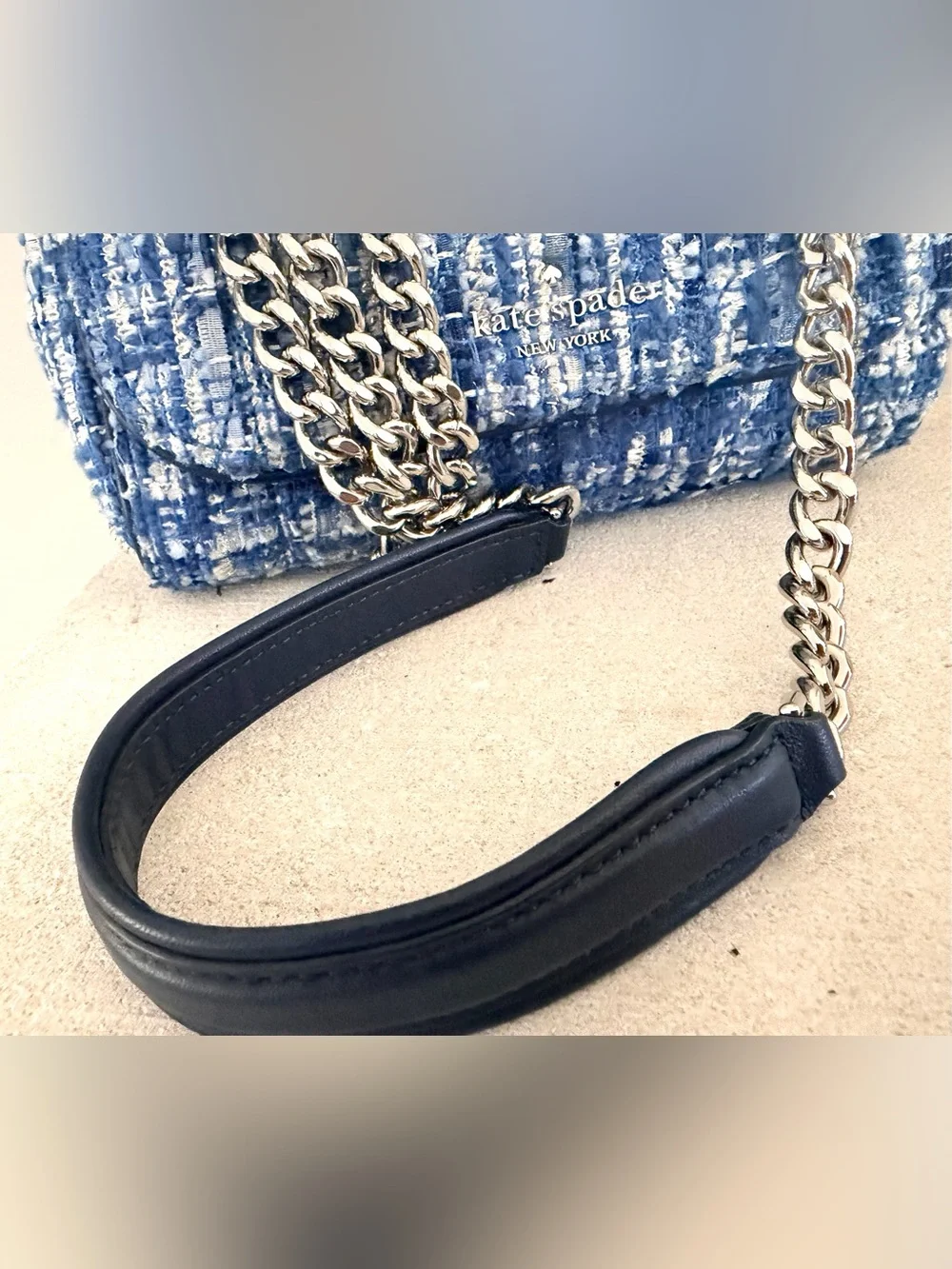 KATE SPADE Natalia Denim Tweed Medium Flap Chain Shoulder Crossbody Blue